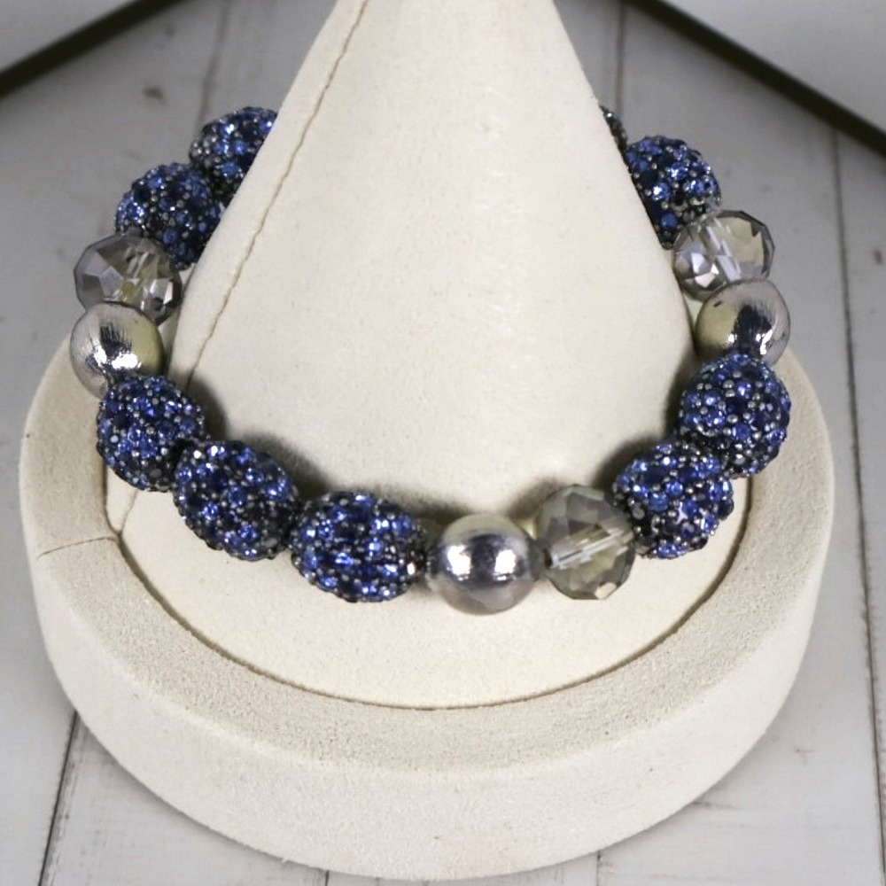 Chico's Estella Blue Pave Crystal Disco Ball Stretch Bracelet Silver Tone NWT